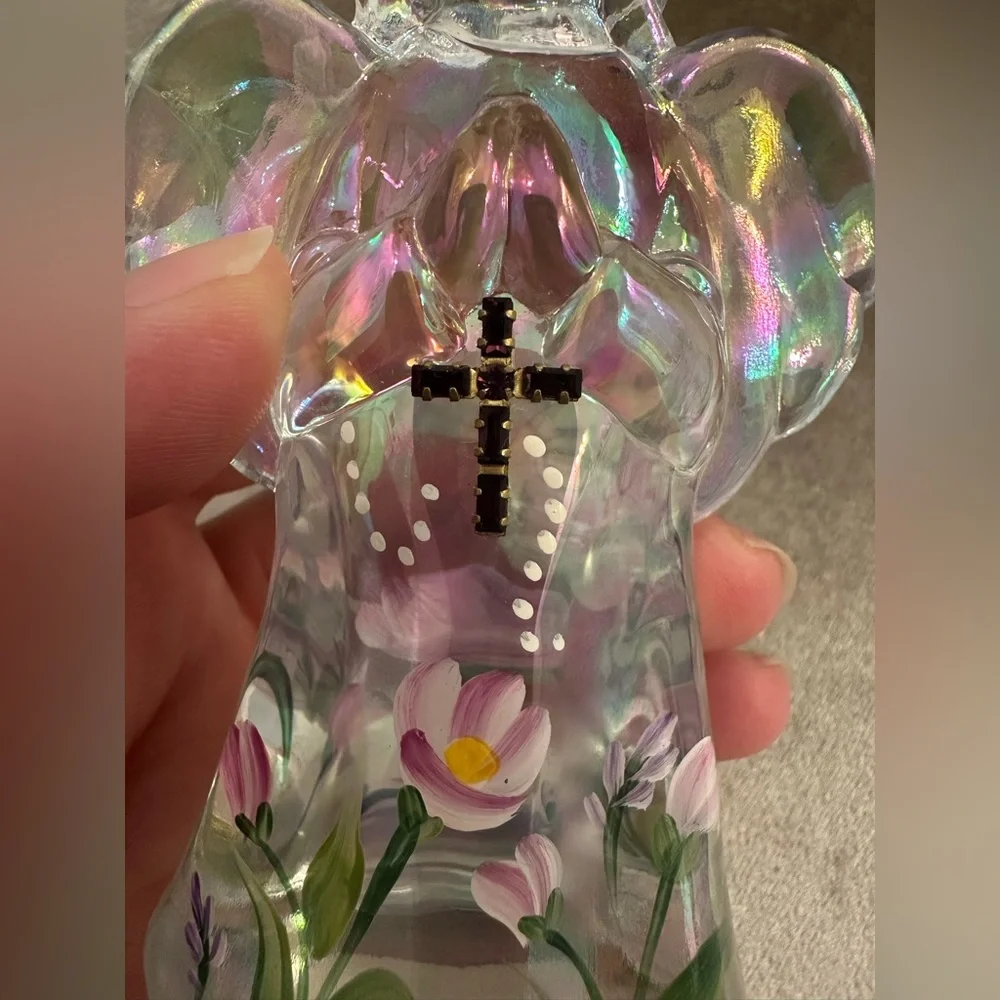 Fenton Angel Iridescent Jewel Cross Hand Painted Flowers 4.75